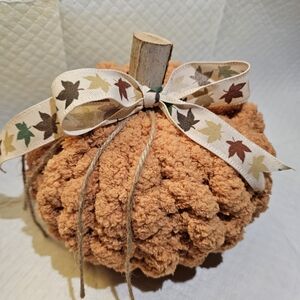Handmade Chunky Knit Pumpkin with Leaf Ribbon